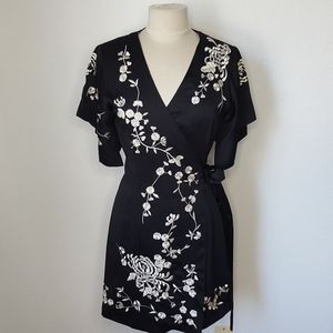 Black Embroidered Kimono Style Wrap Dress